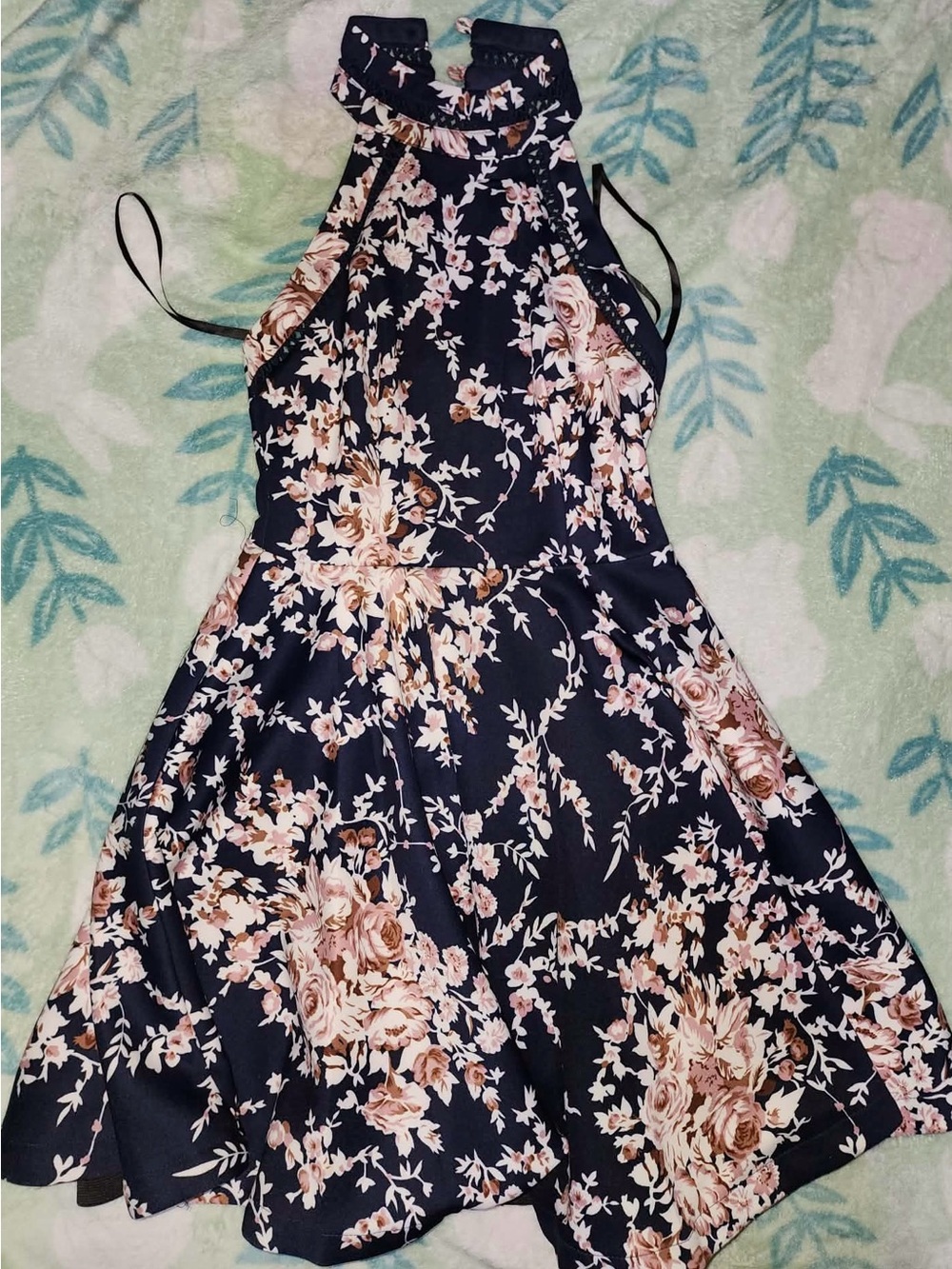 B Darlin Navy Floral Halter Fit & Flare Dress with Pink Roses
